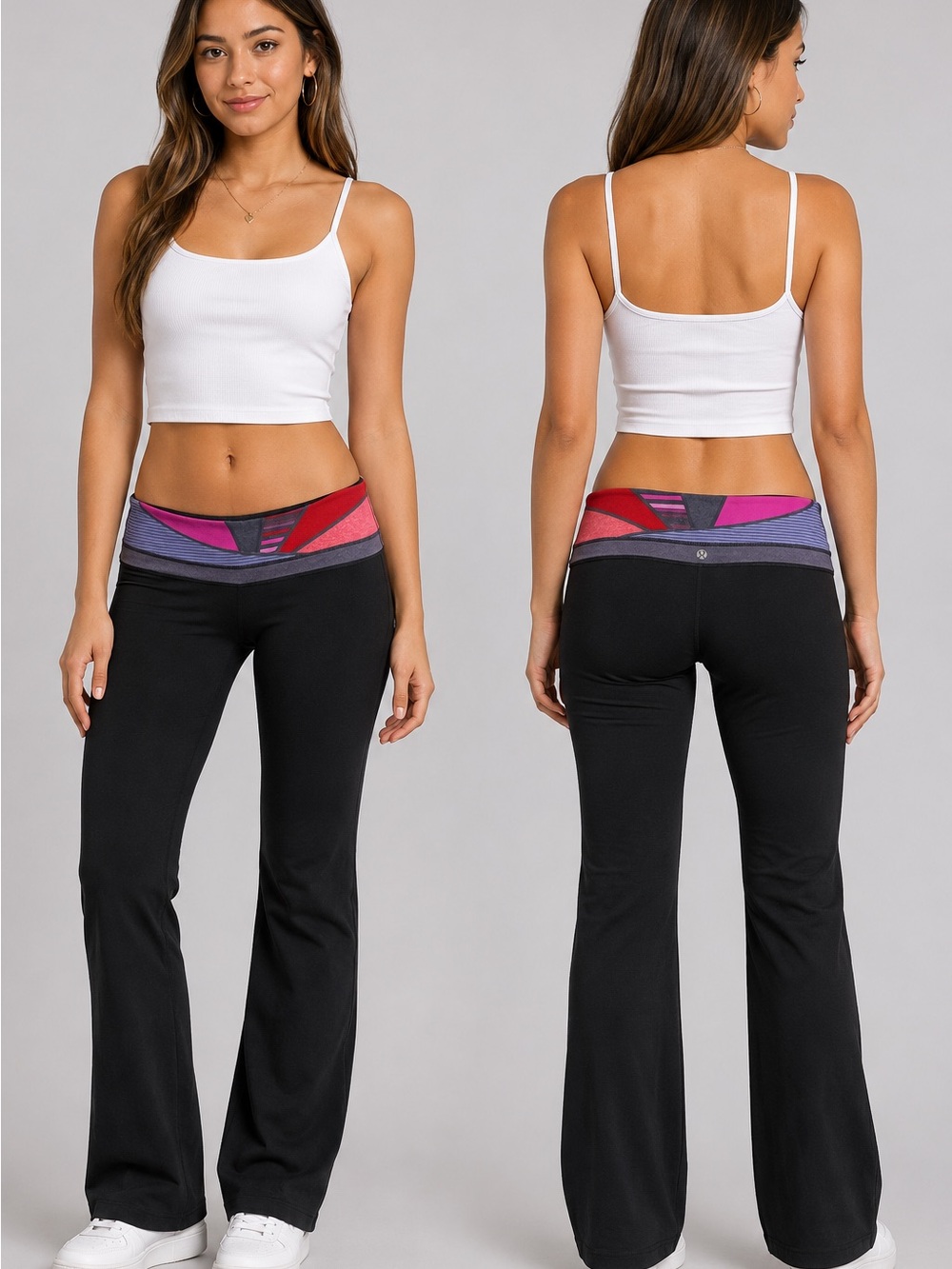 lululemon athletica Black Boot-Cut Yoga Pants with Red & Purple Waistband